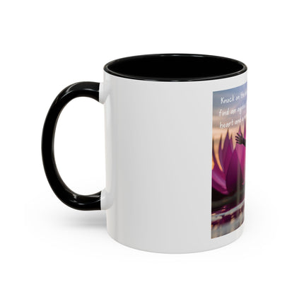 Inspirational Lotus Sunrise Coffee Mug — "knock on the door to my soul"