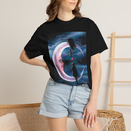 Moonlight Cats Graphic T‑Shirt — Romantic Crescent Moon Art Tee