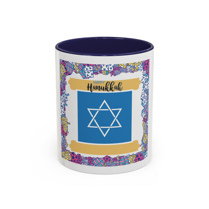 Hanukkah Star of David Accent Coffee Mug — Festive Dreidel Border 11/15oz