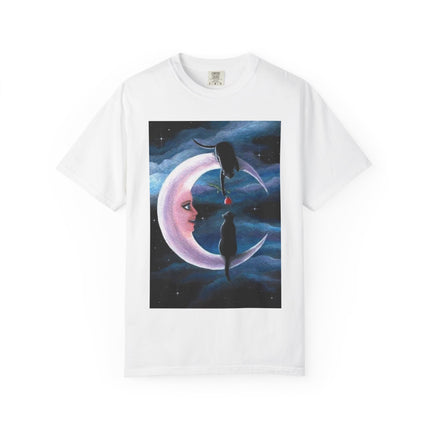 Moonlight Cats Graphic T‑Shirt — Romantic Crescent Moon Art Tee