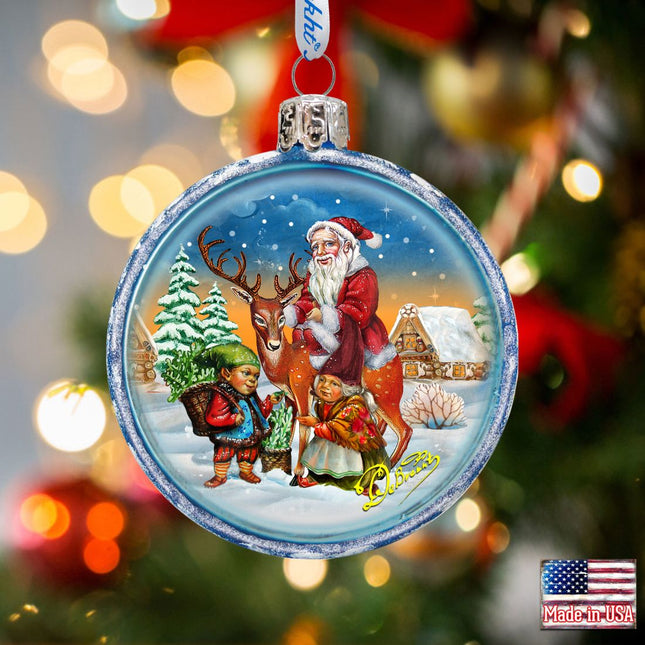 Santa With Elves Glass Ornament by G. DeBrekht - Christmas Santa Snowman Decor - 73353C-0