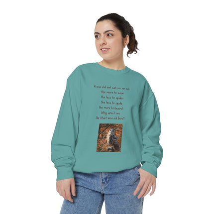 Poetic Owl Sweatshirt — Illustrated Owl Art with Poem Crewneck