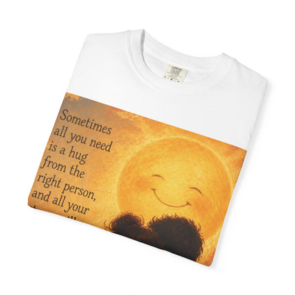 Hug Melt Away T-Shirt — Warm Sunset Illustration & Quote