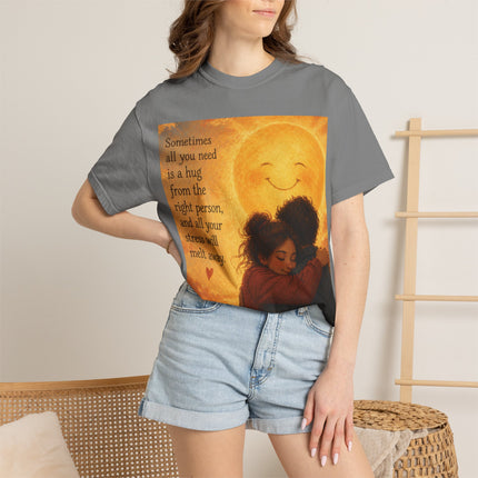 Hug Melt Away T-Shirt — Warm Sunset Illustration & Quote