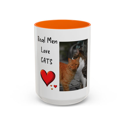 Coffee Mug — "Real Men Love Cats" Accent Ceramic Mug with Cat Photo (11/15 oz)