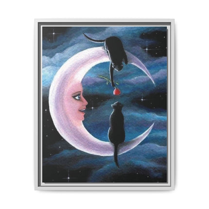 Framed Matte Canvas Moon Cats Wall Art — Whimsical Night Sky Print