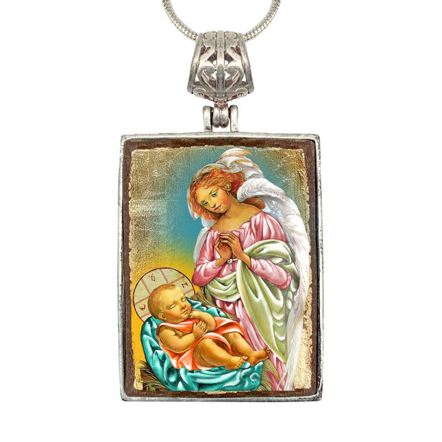Blessing Angels Religious Jewelry Silver Plated Necklace, Gold-Plated Wooden Cabochon - Christian Sacred Icon - Inspirational Icon Decor - 43028R-0