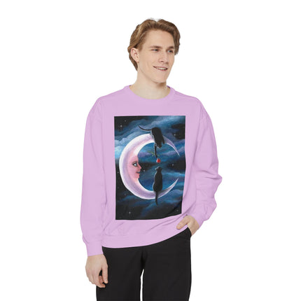 Moonlit Cats Sweatshirt —Whimsical Crescent Moon & Black Cat Graphic
