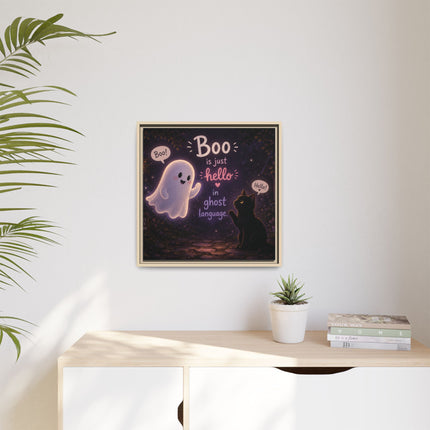 Framed Canvas Art - "Boo is Just Hello" Cute Ghost & Black Cat Halloween Print