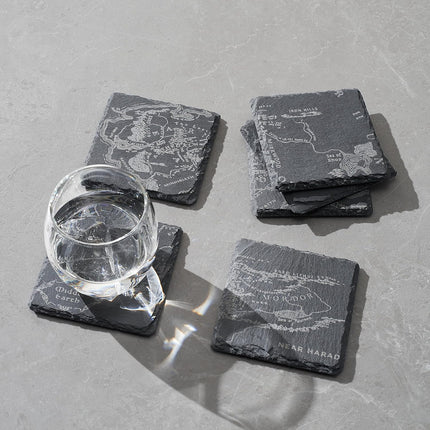 Middle Earth Map Coasters Set of 6 - Fantasy Slate Drink Coasters with LOTR Inspired Engraved Design - Unique Barware & Home Decor for Lord of The Rings Fans, Gifts for Geeks, Coffee Table Protection-1
