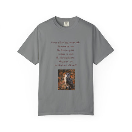 Poem & Owl Graphic T‑Shirt — 'A wise old owl...' Nature Poetry Tee