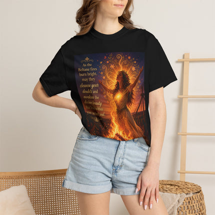 Burning Bright: Beltane Fire Goddess T-Shirt — "As the Beltane fires burn bright" Spiritual Pagan Tee