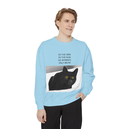 Cozy Cat Lover Sweatshirt - "In the Here, In the Now, No Worries, Only Meow"