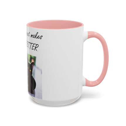 Black Cat Accent Ceramic Mug – “A Cat Makes Everything Better” – 15oz