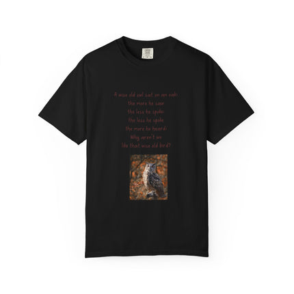 Poem & Owl Graphic T‑Shirt — 'A wise old owl...' Nature Poetry Tee
