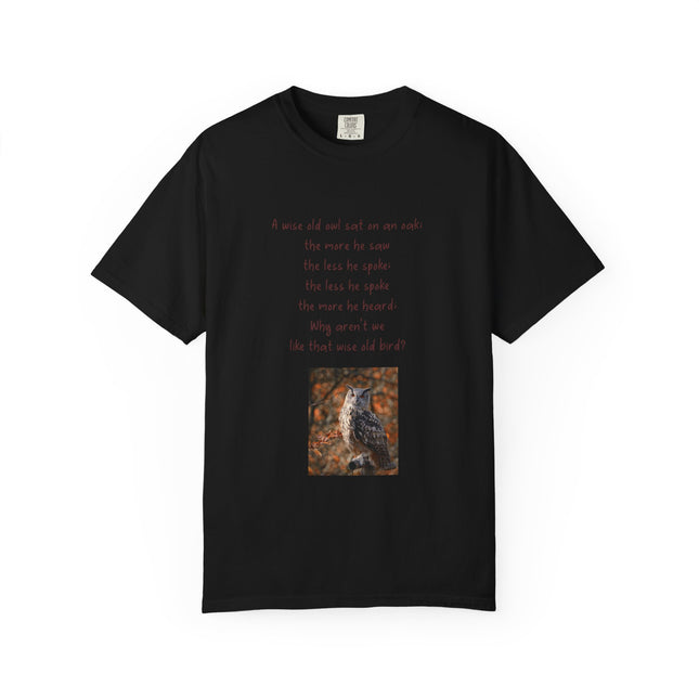 Poem & Owl Graphic T‑Shirt — 'A wise old owl...' Nature Poetry Tee