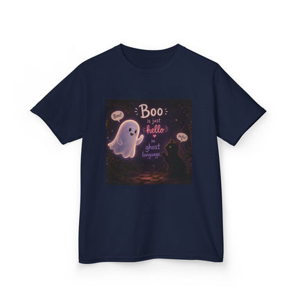 Kids Halloween Tee — "Boo: Hello Ghost Language" Cute Ghost Shirt