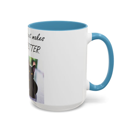 Black Cat Accent Ceramic Mug – “A Cat Makes Everything Better” – 15oz