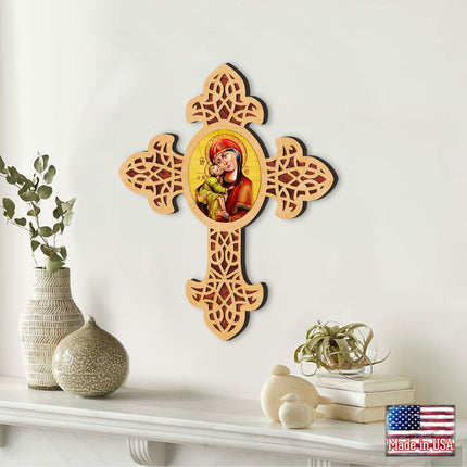 Vladimir Virgin Mary Pointy Wooden Cross by Museum Icons - Inspirational Icon Decor - 88311-3