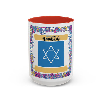 Hanukkah Star of David Accent Coffee Mug — Festive Dreidel Border 11/15oz