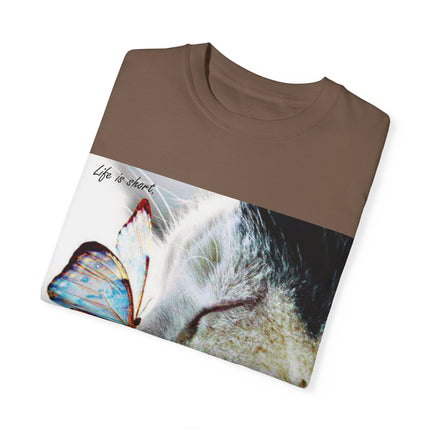 Inspirational Cat & Butterfly T-Shirt | Life is Short Quote