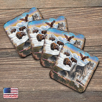 Winter Wolves Wooden Cork Coasters Gift Set of 4 by Nature Wonders - Nature Wildlife Decor  - 95222C-S4-0