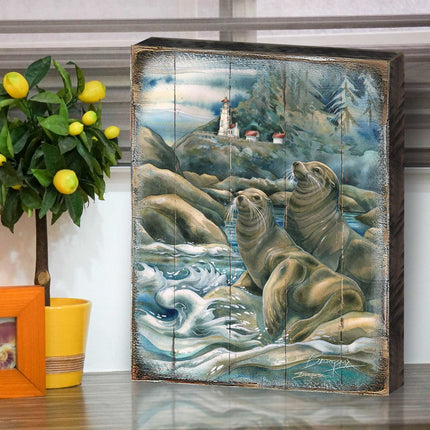 Lions of the Sea Lighthouse Caves Wooden Wall Art by J. Bergsma - Nature Wildlife Decor  - 8592883BP-JB-1