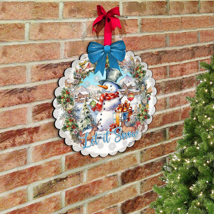 Let It Snow Front Door Welcome Sign, Wooden Front Porch Decor by G. Debrekht Christmas Santa Snowman Decor - 933122H-1