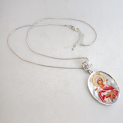 Icon of The Virgin Mary Silver Plated Mother of Pearl Necklace Jewelry - 43025-3