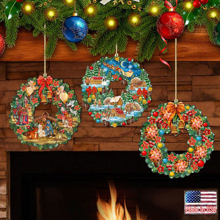 Wreaths Keepsake Wooden Ornaments Set of 3 by G. DeBrekht - Christmas Decor - 8100111S3-4