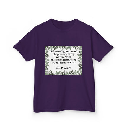 Kids Tee — 'Before enlightenment, chop wood...': Zen Proverb Kids T-Shirt (Leaf Border)