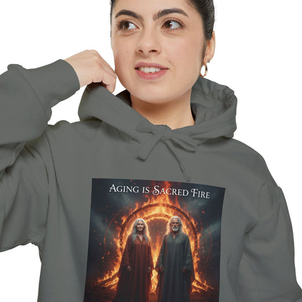 Hoodie - "Aging Is Sacred Fire" Fantasy Cloaked Figures Fire Portal Graphic Hoodie