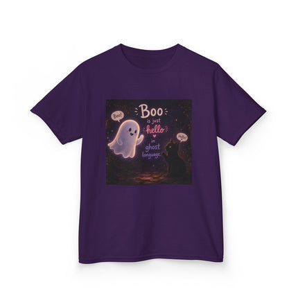 Kids Halloween Tee — "Boo: Hello Ghost Language" Cute Ghost Shirt