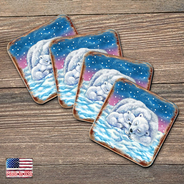 Polar Bears Wooden Cork Coasters Gift Set of 4 by Nature Wonders - Nature Wildlife Decor  - 95381C-S4-0