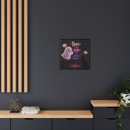 Framed Canvas Art - "Boo is Just Hello" Cute Ghost & Black Cat Halloween Print