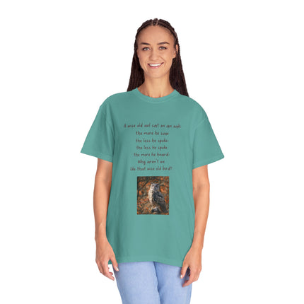 Poem & Owl Graphic T‑Shirt — 'A wise old owl...' Nature Poetry Tee