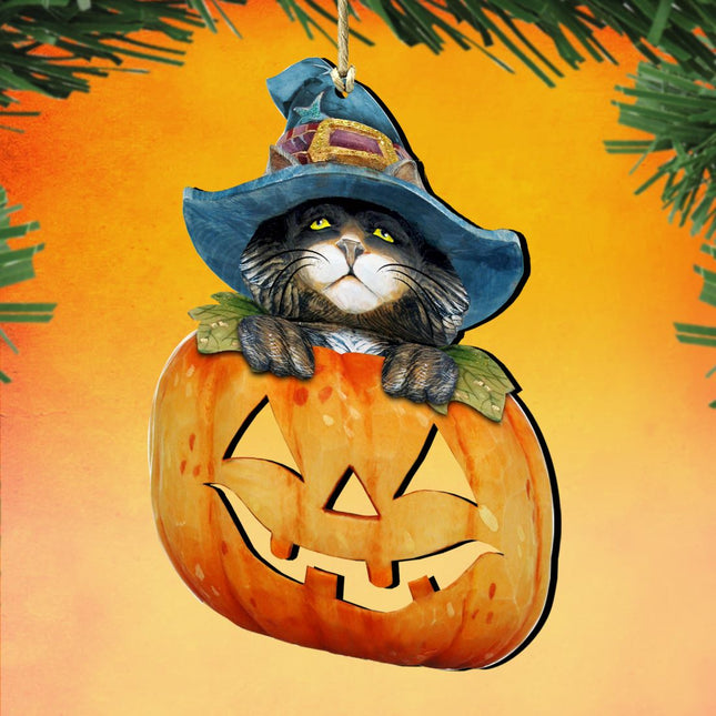 Halloween Cat Pumpkin Wooden Ornaments Fall by G. DeBrekht - Thanksgiving Halloween Decor - 8158416-0