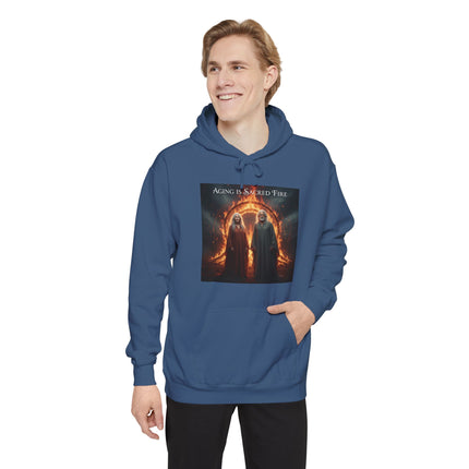Hoodie - "Aging Is Sacred Fire" Fantasy Cloaked Figures Fire Portal Graphic Hoodie