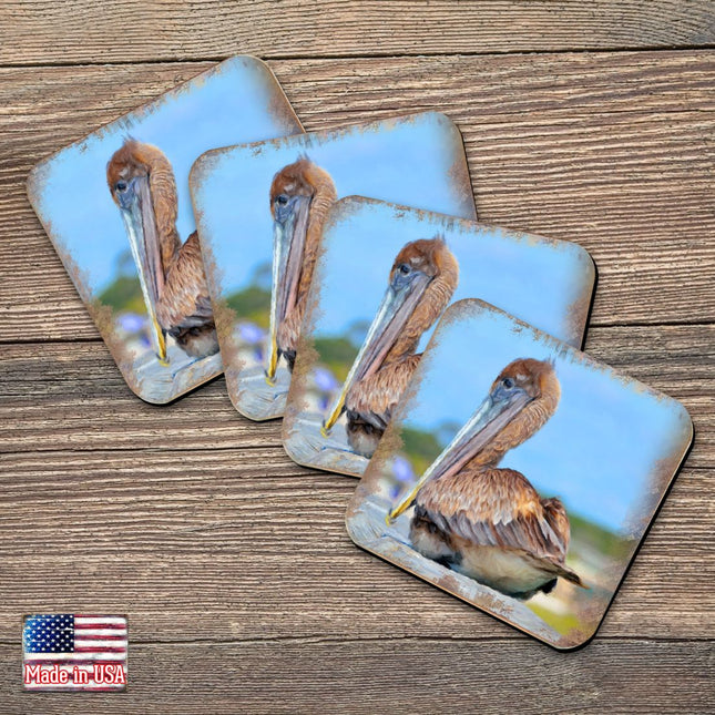 Pelican Coastal Wooden Cork Coasters Gift Set of 4 by Nature Wonders - Coastal Sea-Life Decor - 95325C-S4-0
