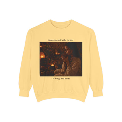 Cozy Candlelit Photo Sweatshirt — "Cacao doesn't wake me up... it brings me home"