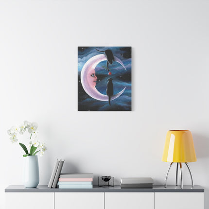 Two Black Cats on Crescent Moon Matte Canvas Art — Cat Lovers Wall Decor