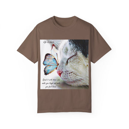 Inspirational Cat & Butterfly T-Shirt | Life is Short Quote