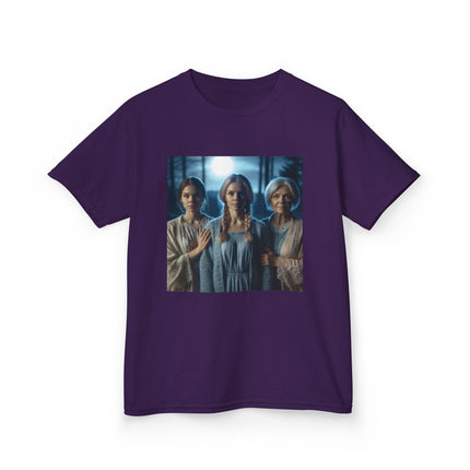 Triple Goddess Kids Tee – Mystical Sisters Graphic Cotton Shirt