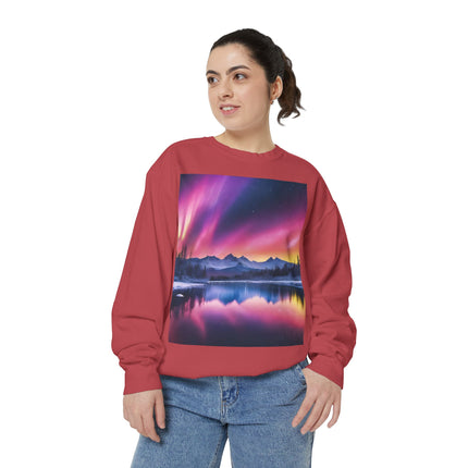 Aurora Lake Crewneck Sweatshirt — Colorful Northern Lights Landscape