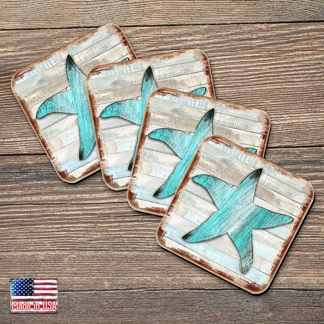 Starfish Coastal Wooden Cork Coasters Gift Set of 4 by Nature Wonders - Coastal Sea-Life Decor - 8198531-9C-S4-0