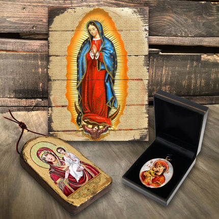 Virgin Mary Directress Religious Jewelry Silver Plated Necklace, Gold-Plated Wooden Cabochon - Orthodox Sacred Icon - Inspirational Icon Decor - 43029R-1