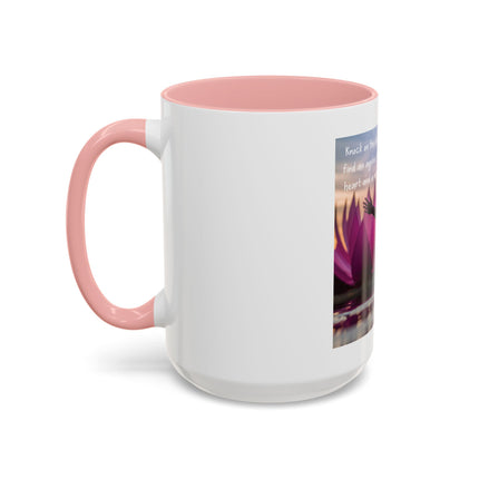 Inspirational Lotus Sunrise Coffee Mug — "knock on the door to my soul"