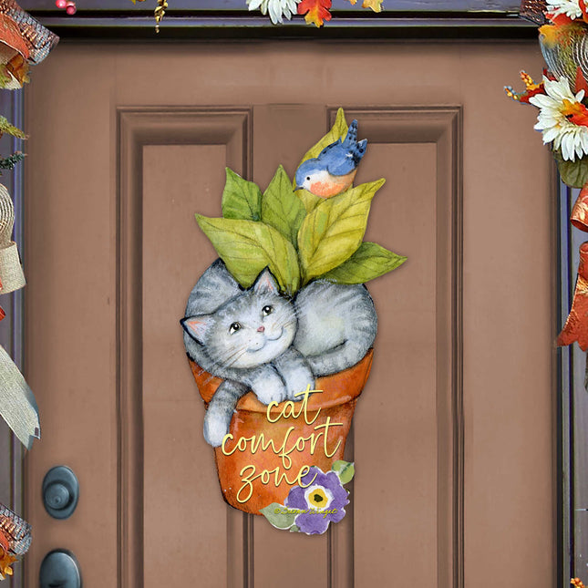 Cat Lovers Welcome Sign Cats Comfort Zone in a Pot Door Wreath - Handmade Gift for Porch Decor by Susan Winget - 8471214H-SW-0