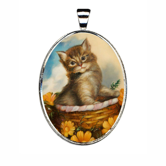Kitten in A Basket Silver Plated Mother of Pearl Jewelry Pendant Necklace - 44032O-0