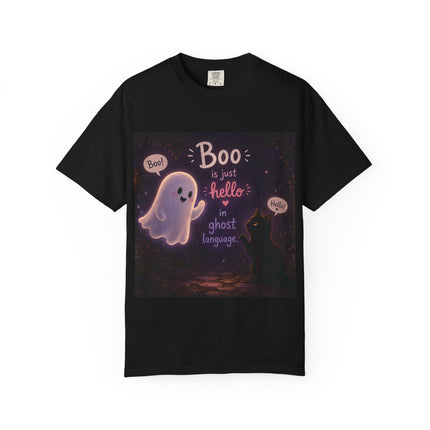 Halloween Ghost T-Shirt — “Boo is just hello in ghost language” Cute Spooky Tee